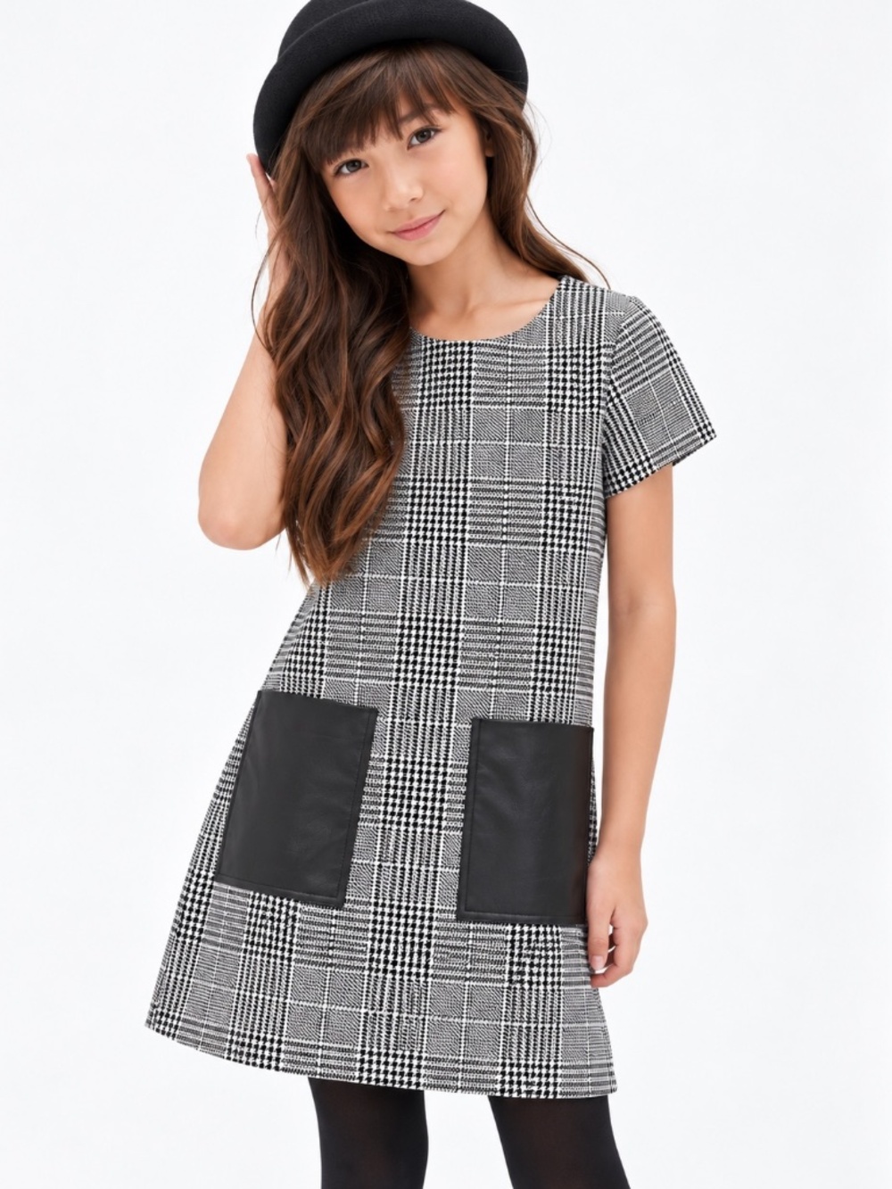 Zara girls checked dress with faux leather pockets